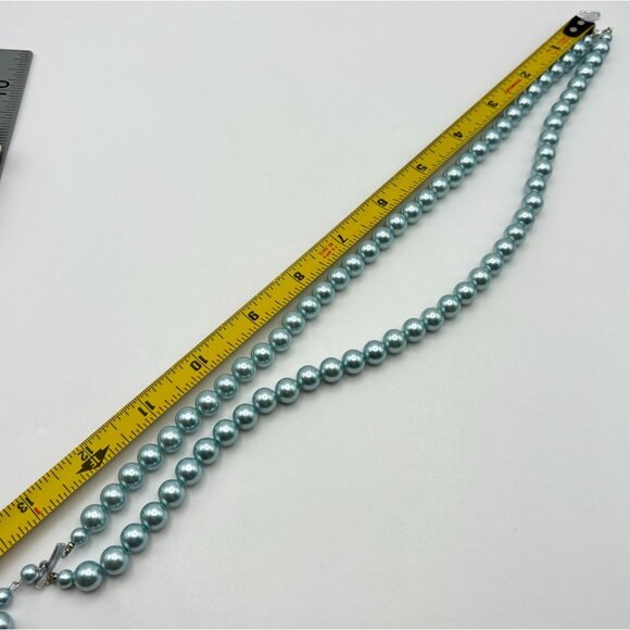 Baby Blue Double Strand Faux Pearl Necklace Choker Silver Tone Clasp - Picture 3 of 6